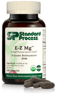 Image of E-Z Mg bottle next to tablets of magnesium supplements.